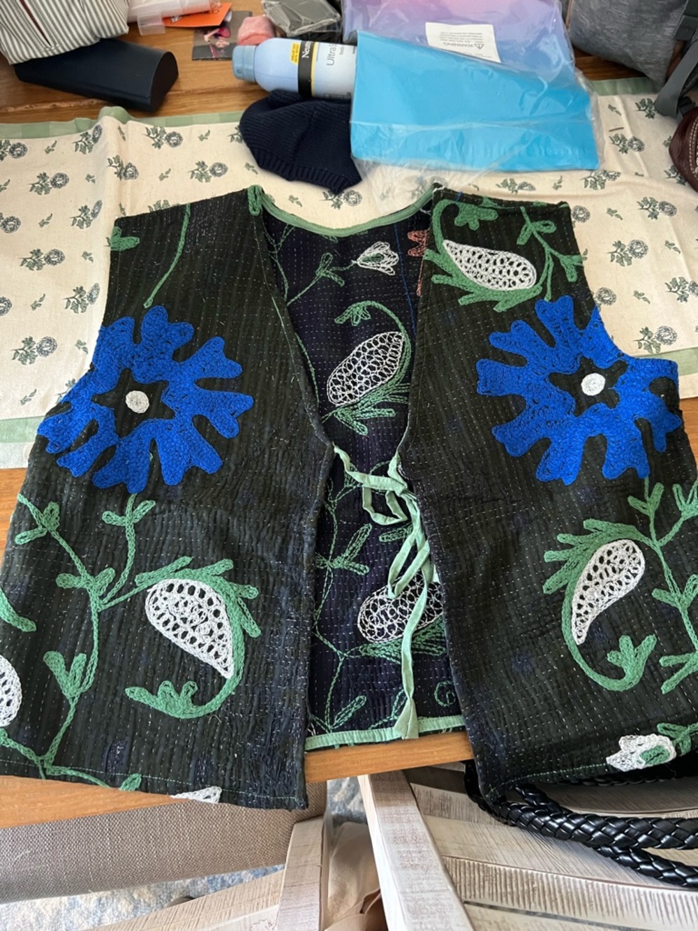 Kantha vest ! Black Embroidered Floral Vest with Bright Blue Appliqué